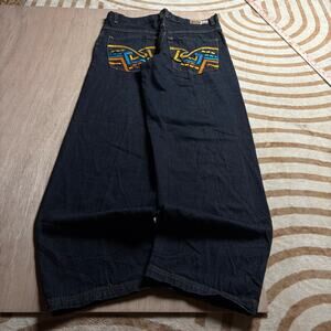 RARE 96 NORTH DENIM • W38 L34 GEOMETRIC EMBROIDERY BAGGY JEANS